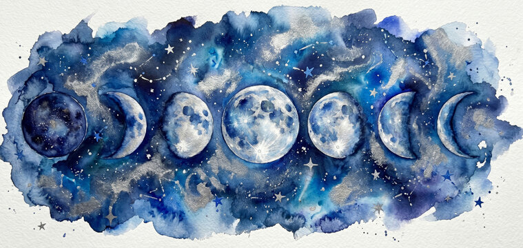 Mesmerizing celestial watercolor painting showcasing the phases of the moon against a dreamy, dark blue and violet cosmic background, perfect for space-themed designs.