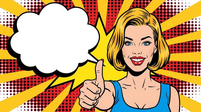 Static shot of blonde woman giving thumbs up with speech bubble over pop art comic background in retro halftone style