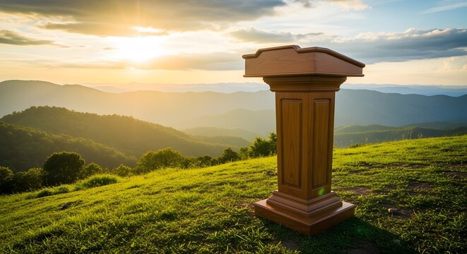 Wooden Speech Podium on Green Grassy Mountain Hill at Sunrise