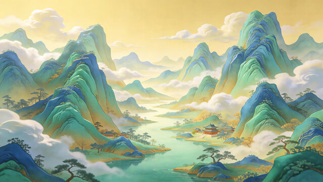 Chinese Green Mountain Landscape Painting