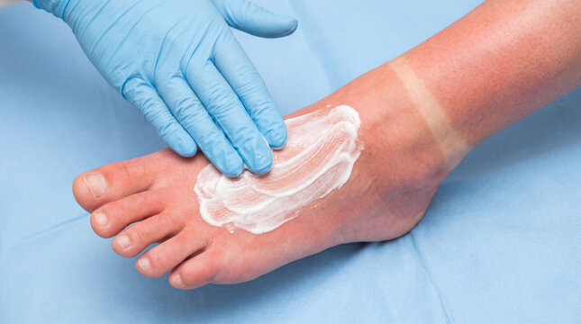 A gloved hand applies soothing cream to a severely sunburned foot with a clear tan line, highlighting skin care and relief from sun damage