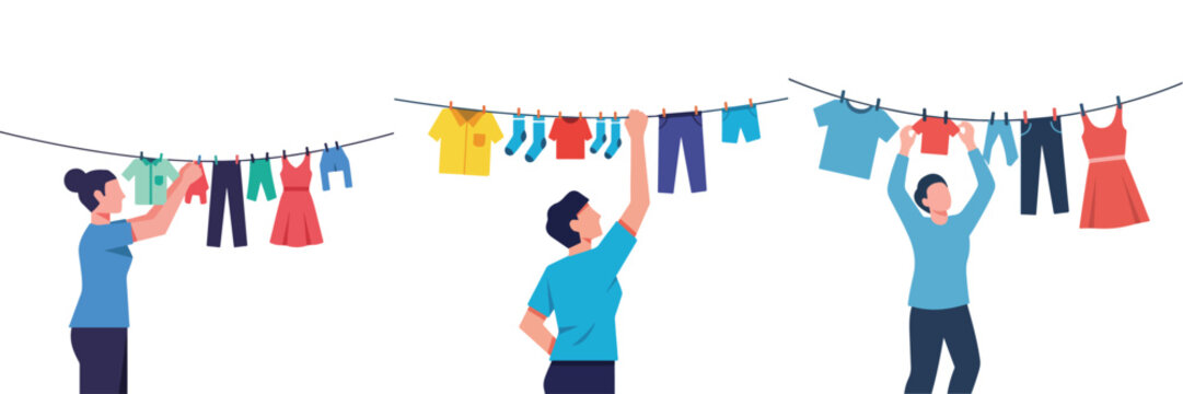 People hanging laundry on clotheslines outdoors on a sunny day