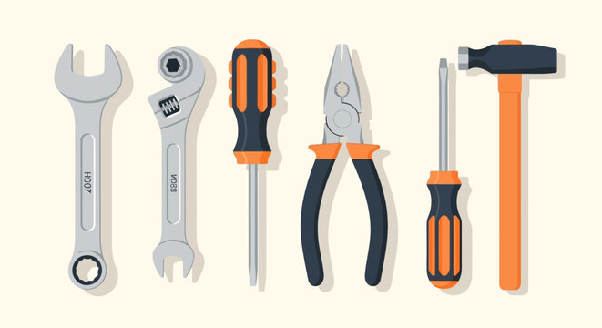 Assorted Hand Tools: Wrenches, Screwdrivers, Pliers, and Hammer