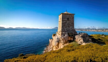 Naklejka premium Ancient Tower Overlooking the Sea in Sardinia, Italy.