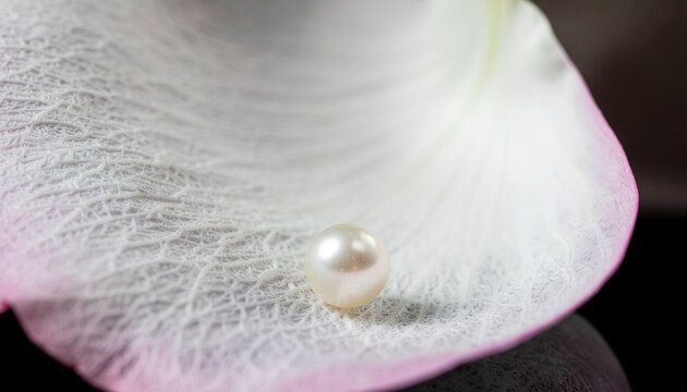 Close-up of a single pearl on a delicate pink flower petal with still life, water lily