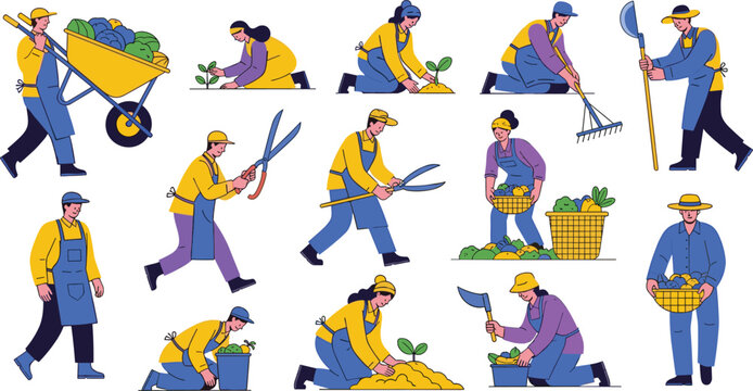 Flat vector character collection of farmers and gardeners working with plants harvesting crops and using agricultural tools isolated on white