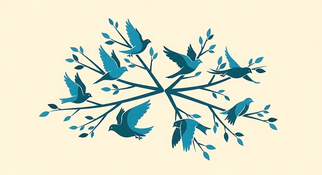 Stylized blue birds flying and perched on tree branches