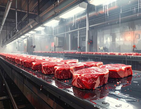 Rows of fresh, red meat cuts on a conveyor belt in a sterile processing facility