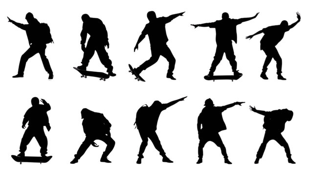Action-packed collection of dynamic youth silhouettes in various street culture poses with skateboards