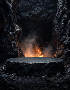 Product display podium made of dark stone inside a rocky cave with glowing fire and smoke in the background pedestal platform background showcase underworld