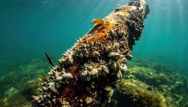 A thriving colony of barnacles encrusting submerged driftwood in clear ocean waters, showcasing marine life diversity.
