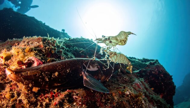 Tiny cleaner shrimp meticulously removing parasites from a larger fish on a rocky reef.