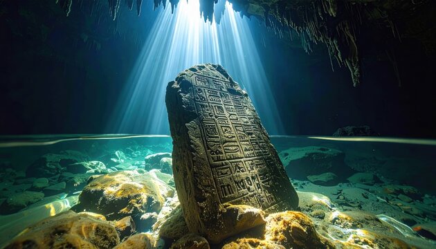 Ancient Cuneiform Stone Tablet Partially Submerged in Mystical Cave Light