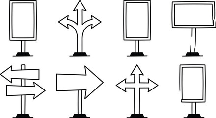 Hand drawn doodle road signpost and directional arrow vector icon set for navigation banner blank board options isolated © Sharika