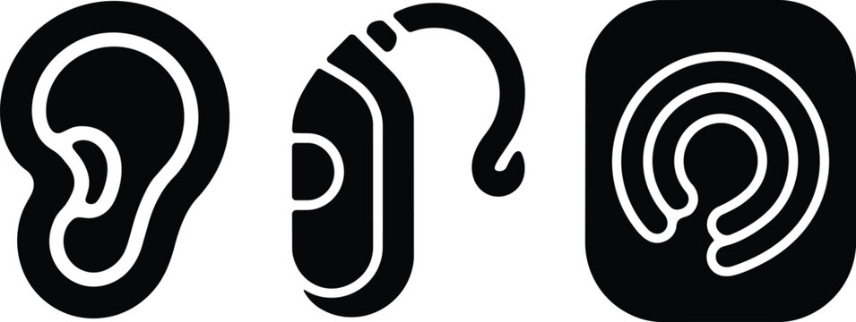 Modern minimalist black hearing loss icons set featuring human ear anatomy, a behind-the-ear device, and cochlear implant symbols and canal in solid