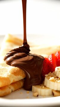 Close up macro of rich melted chocolate dripping onto a sweet crepe with fresh fruit