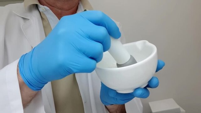 Pharmacist with blue gloves preparing a galenic formulation using a mortar and pestle