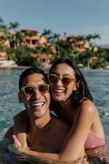 Fototapeta premium Young couple hugging in resort pool under bright sunlight