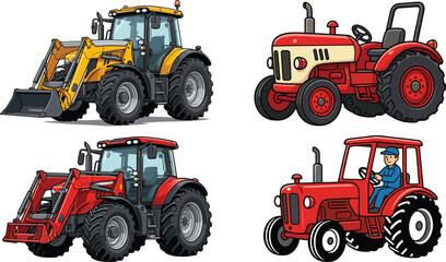 Cartoon Farm Tractor Collection with Agricultural Machinery and Farmer Character Isolated on Light Background Illustration Set © MdMenhajul