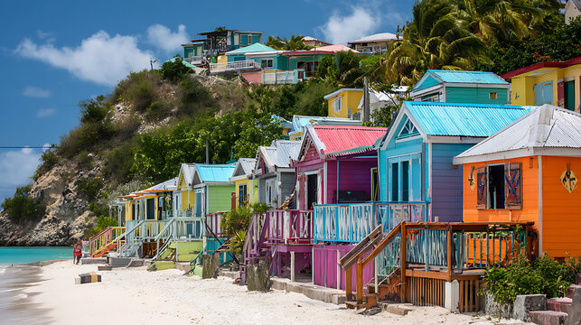 Row of vibrant coastal houses on sandy beach with tropical hillside village background for tourism and exotic travel marketing assets
