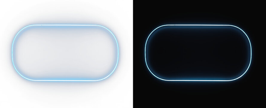 Realistic blue neon stadium rectangle frame set, atmospheric glowing geometric capsule border line and cinematic futuristic cyber loop on contrast backgrounds