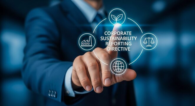 Corporate Sustainability Reporting Directive Concept with Businessman Pointing at Icons
