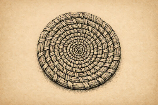Circular woven basket pattern on textured beige paper background