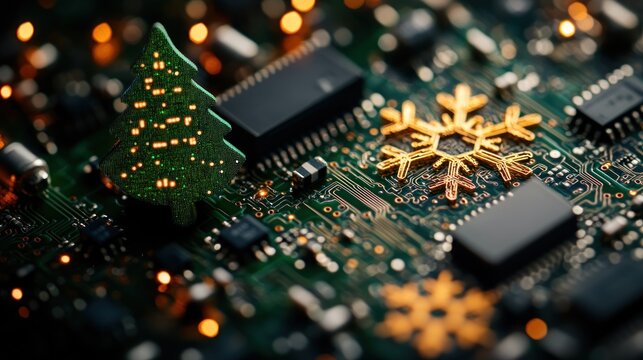Circuit board with Christmas tree and snowflake