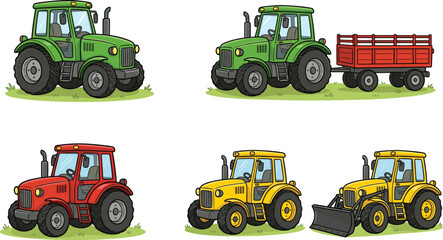 Cartoon tractor illustrations in farming machinery set with modern, vintage, and silhouette agricultural vehicle artwork designs © MdMenhajul