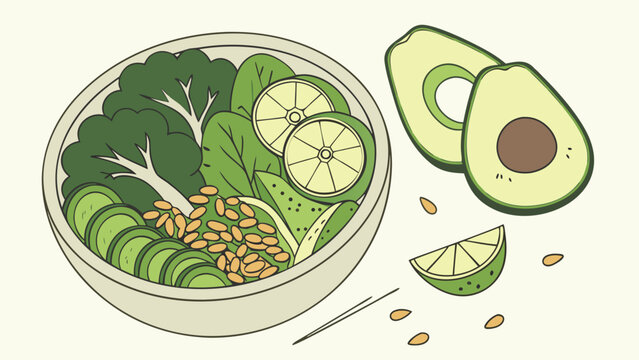 Green salad bowl featuring sliced avocado and citrus fruits is shown with fresh ingredients nearby.