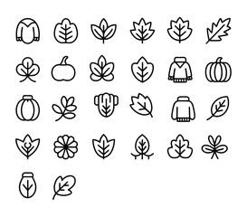 Fototapeta premium Autumn harvest and fall season themed icon set featuring leaves and pumpkins