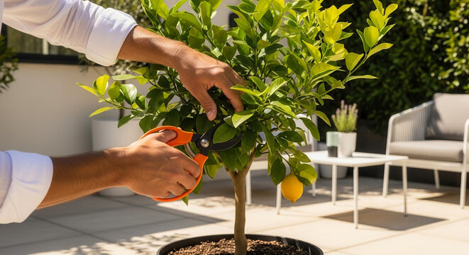 Man pruning backyard fruit trees on a sunny patio, home gardening and plant care