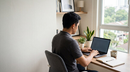 Fototapeta premium Man working on a laptop at home office desk with notebook coffee and plants