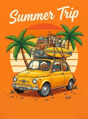 Obraz premium Exciting summer trip with microcar adventure tropical beach travel flyer sunny coastline fun concept