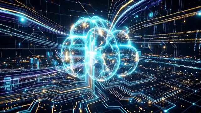 Glowing blue cloud computing technology connects circuits and data streams at night.