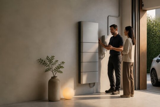 Home energy storage battery system installed in modern garage with couple reviewing smart power unit