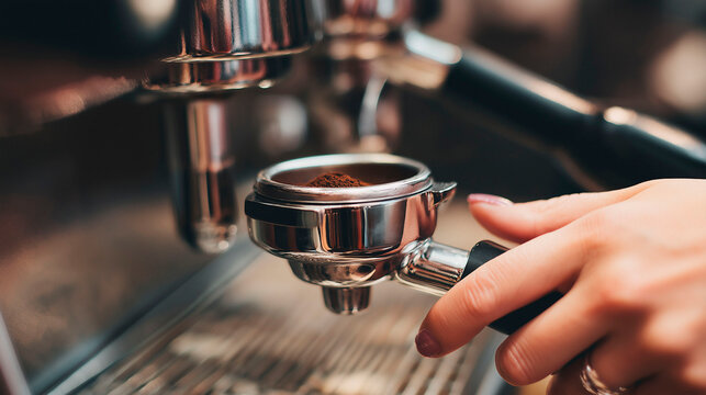 closeup of hand holding espresso portafilter with fresh ground coffee near professional machine concept of barista culture cafe lifestyle and specialty coffee