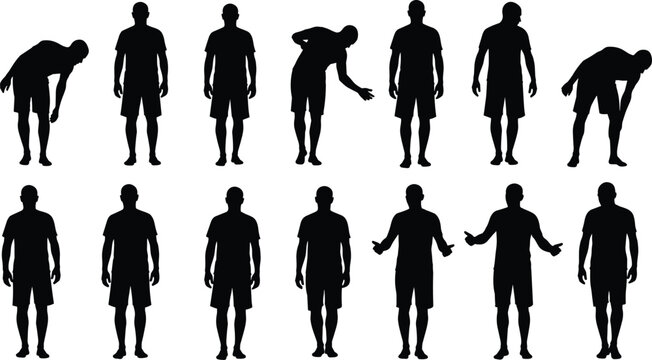Silhouette set of a man standing and bending down, male figure collection with various postures and transition movements isolated vector graphic.