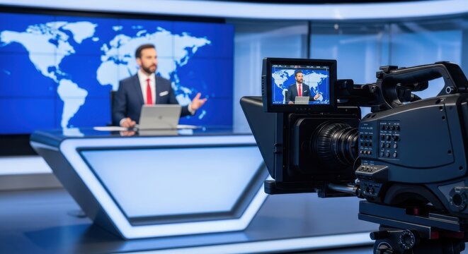 Professional News Anchor Reporting in Modern Television Studio with Video Camera in Foreground