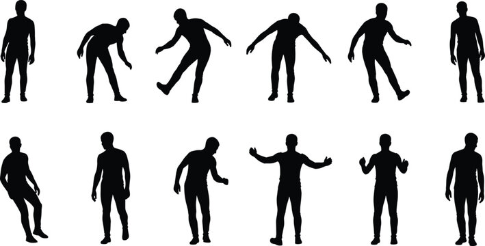 Silhouette set of a man slipping and losing balance, male figure stumbling and tripping in various action poses vector graphic collection.