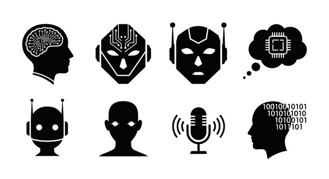 Artificial Intelligence Icons: Brain, Robot Heads, Chip, Microphone, Binary Code