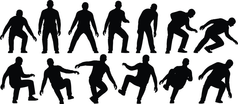 Silhouette set of a man slipping and falling on the ground, male figure losing balance and stumbling vector graphic collection.