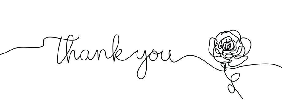 Thank you text with a rose drawn in a continuous single line style for elegant greeting card design