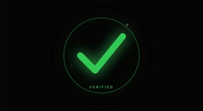 A glowing green verified checkmark appears inside a circle on a black background