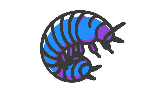 Stylized terrestrial isopod graphic with cobalt and violet armored segments, creative pill bug illustration for soil biology studies or nature-inspired digital art projects.