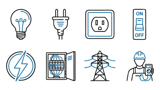 Set of 8 electricity and power icons featuring a light bulb, electrical plug, wall outlet, circuit breaker, high voltage lightning bolt, fuse box panel, transmission tower, and professional