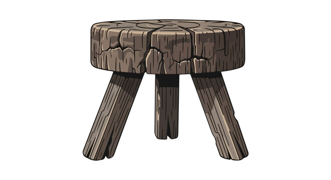 Rustic wooden three legged stool with cracked surface and textured legs isolated on white background