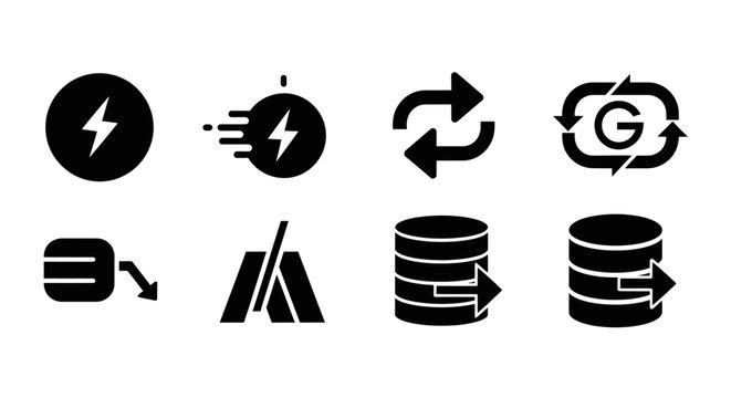 Data Transfer and Storage Icons: Speed, Sync, Database, and Upload Symbols
