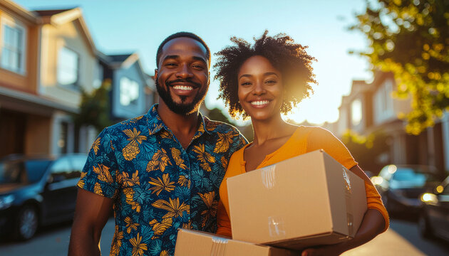 couple souriant qui d&eacute;m&eacute;nage avec des cartons