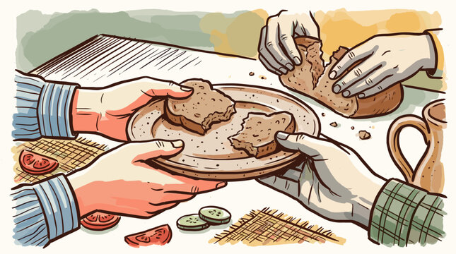 Diverse hands sharing and breaking fresh bread together